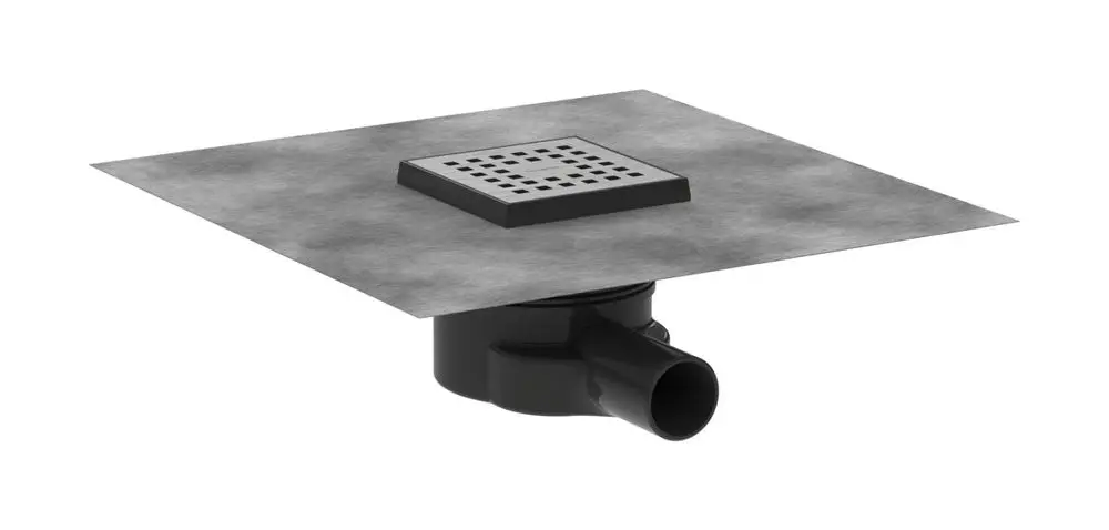 Punktablauf-System von Hansgrohe mit quadratischer Abdeckplatte und Gitterstruktur. Der Ablauf ist schwarz und hat einen seitlichen Anschluss.